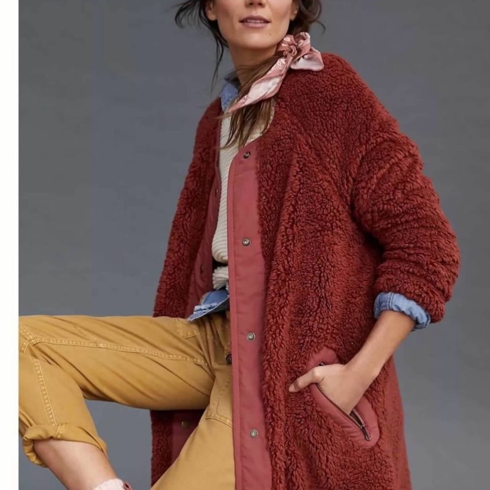 Anthropologie Women's Rust Red Fuzzy Teddy Coat Size Large NWT